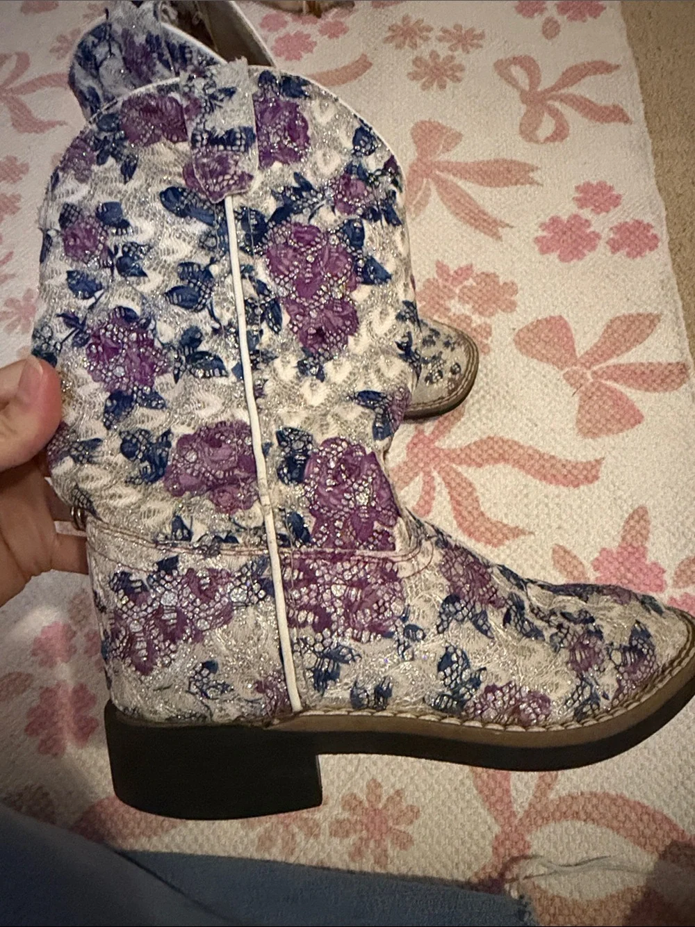 Old West Girls Floral Sparkle Cowboy Boots - Purple on Cream